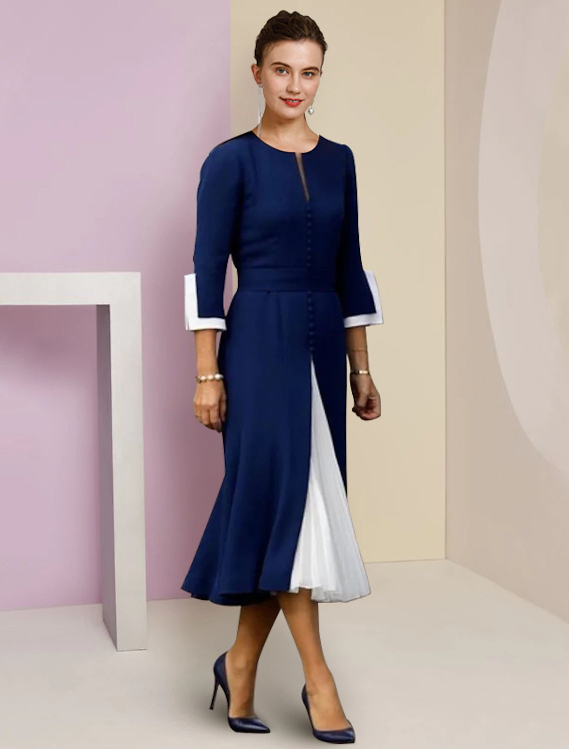 Abito da cerimonia per la madre della sposa, a trapezio, elegante, in chiffon, con scollo a barchetta, lunghezza tè, maniche a 3/4, con bottoni, color block